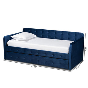 Baxton Studio Jona Modern and Contemporary Transitional Navy Blue Velvet Fabric Upholstered and Button Tufted Twin Size Daybed with Trundle