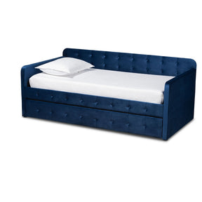Baxton Studio Jona Modern and Contemporary Transitional Navy Blue Velvet Fabric Upholstered and Button Tufted Twin Size Daybed with Trundle Baxton Studio-daybed-Minimal And Modern - 1