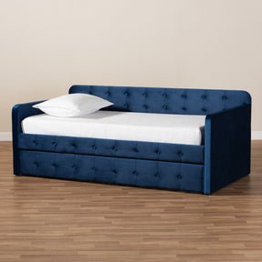 Baxton Studio Jona Modern and Contemporary Transitional Navy Blue Velvet Fabric Upholstered and Button Tufted Twin Size Daybed with Trundle