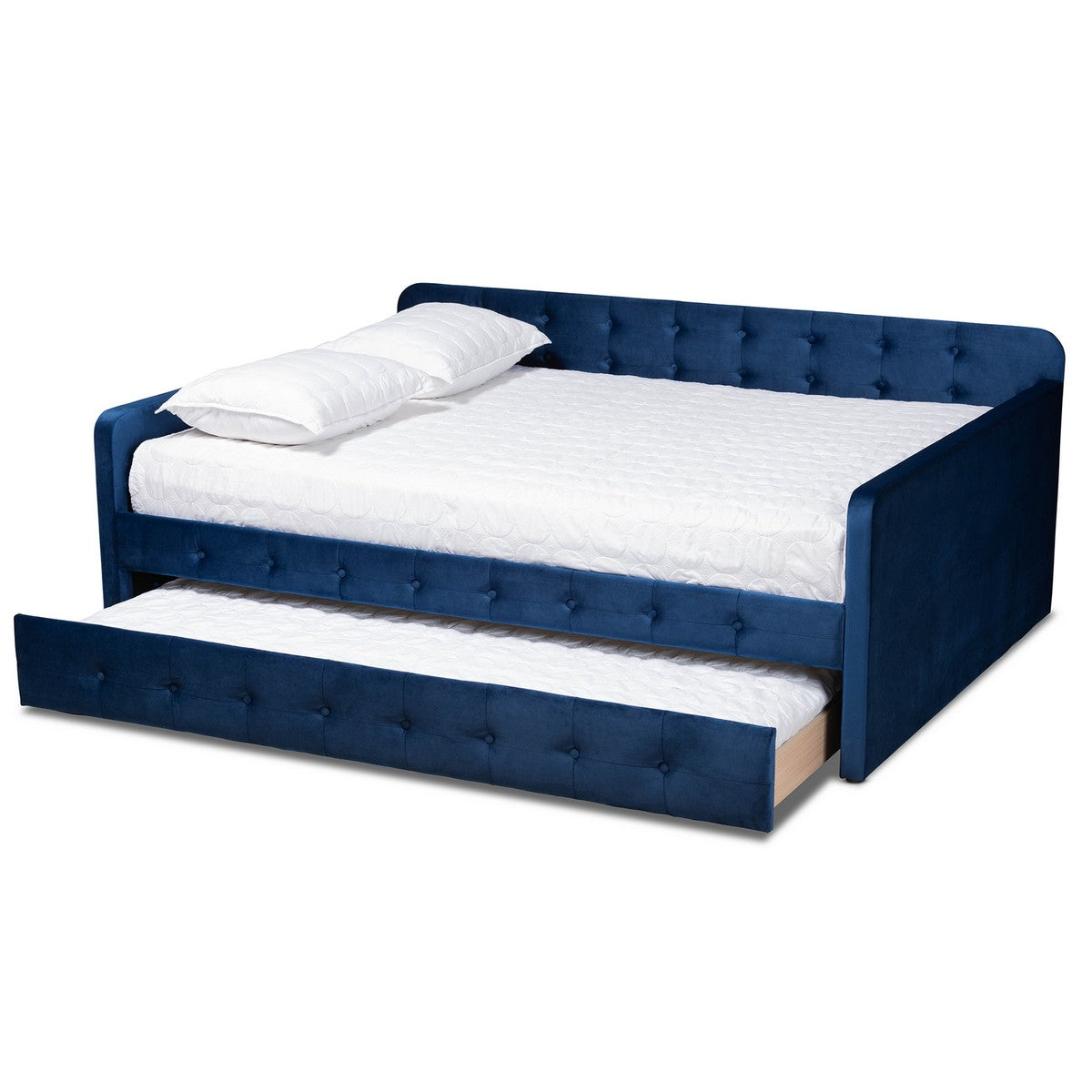 Baxton Studio Jona Modern and Contemporary Transitional Navy Blue Velvet Fabric Upholstered and Button Tufted Full Size Daybed with Trundle