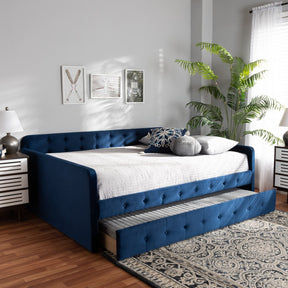 Baxton Studio Jona Modern and Contemporary Transitional Navy Blue Velvet Fabric Upholstered and Button Tufted Full Size Daybed with Trundle