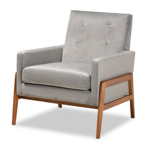 Baxton Studio Perris Mid-Century Modern Grey Velvet Fabric Upholstered and Walnut Brown Finished Wood Lounge Chair Baxton Studio-chairs-Minimal And Modern - 1