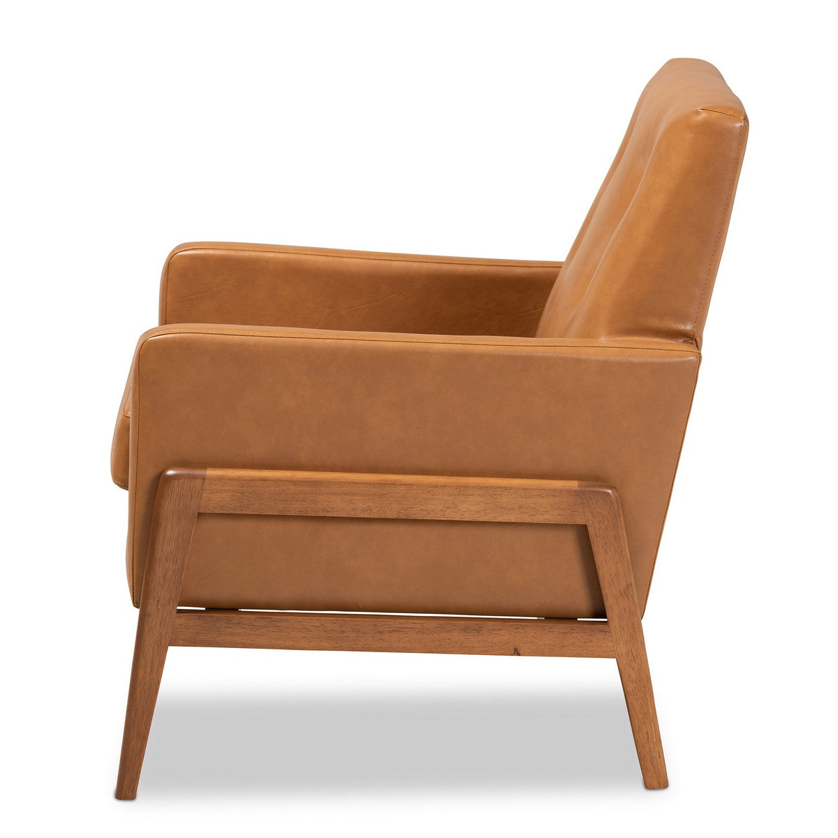 Baxton Studio Perris Mid-Century Modern Tan Faux Leather Upholstered and Walnut Brown Finished Wood Lounge Chair