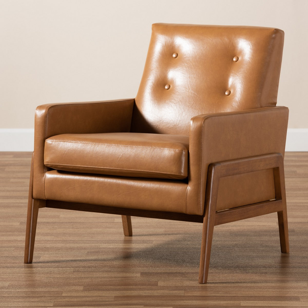 Baxton Studio Perris Mid-Century Modern Tan Faux Leather Upholstered and Walnut Brown Finished Wood Lounge Chair