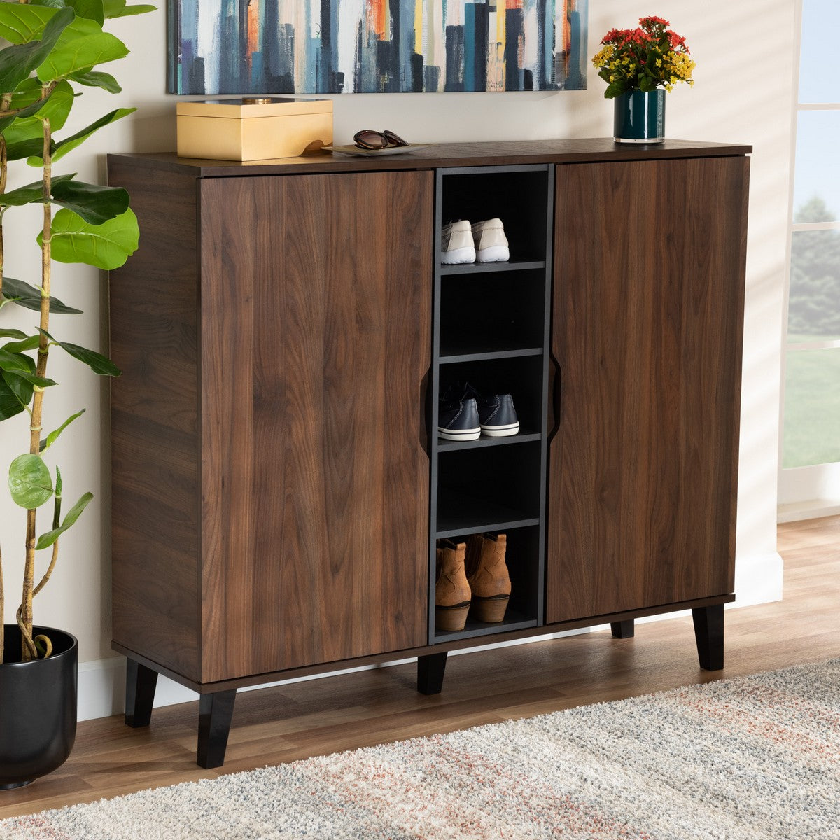 Baxton Studio Idina Mid-Century Modern Two-Tone Walnut Brown and Grey Finished Wood 2-Door Shoe Cabinet