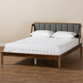 Baxton Studio Helsa Mid-Century Modern Dark Grey Fabric Upholstered and Walnut Finished Queen Size Platform Bed