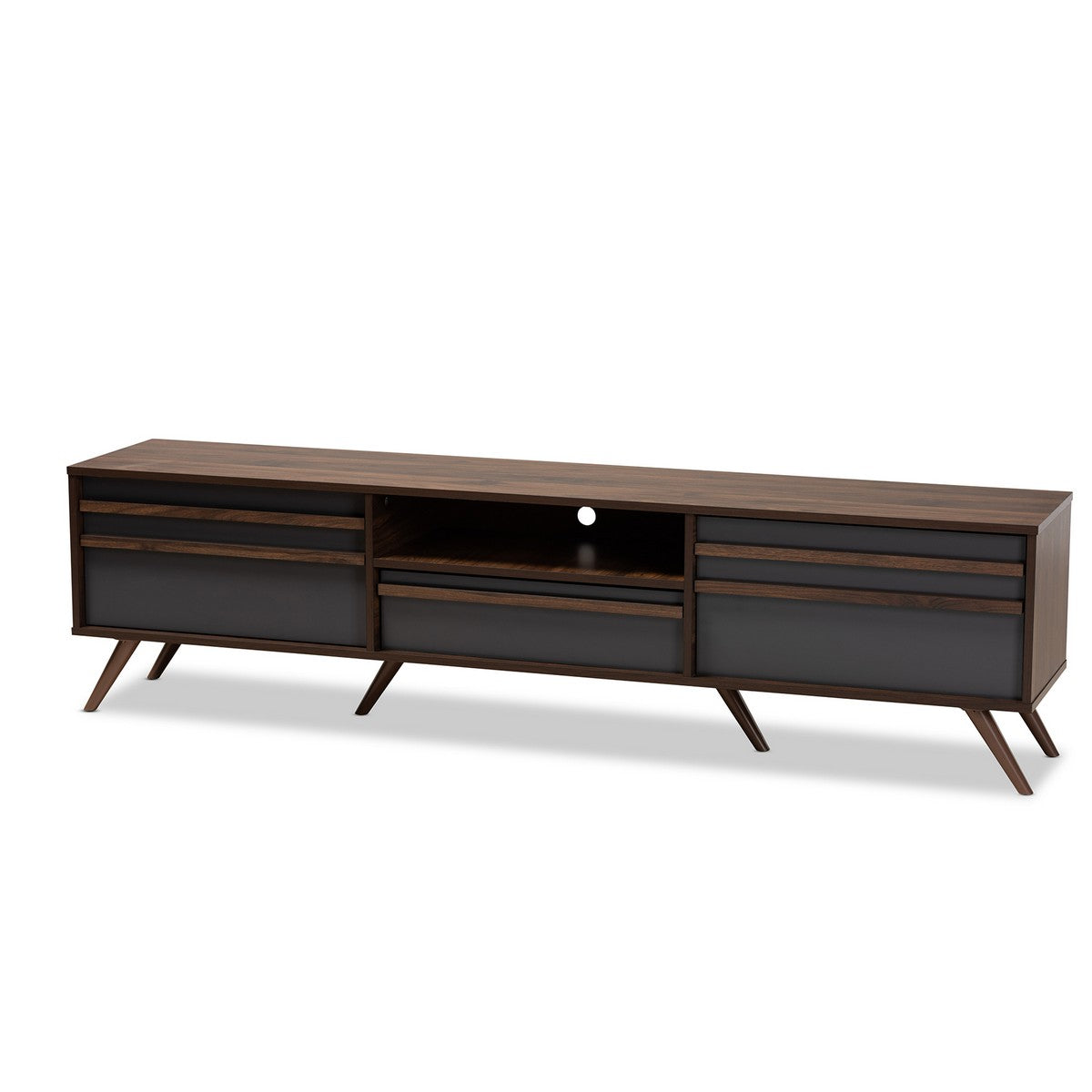 Baxton Studio Naoki Modern and Contemporary Two-Tone Grey and Walnut Finished Wood TV Stand with Drop-Down Compartments Baxton Studio-TV Stands-Minimal And Modern - 1