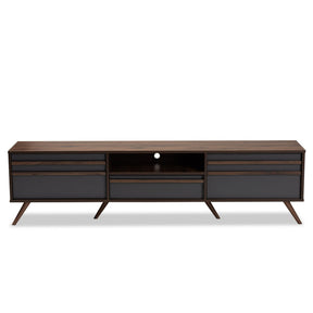 Baxton Studio Naoki Modern and Contemporary Two-Tone Grey and Walnut Finished Wood TV Stand with Drop-Down Compartments