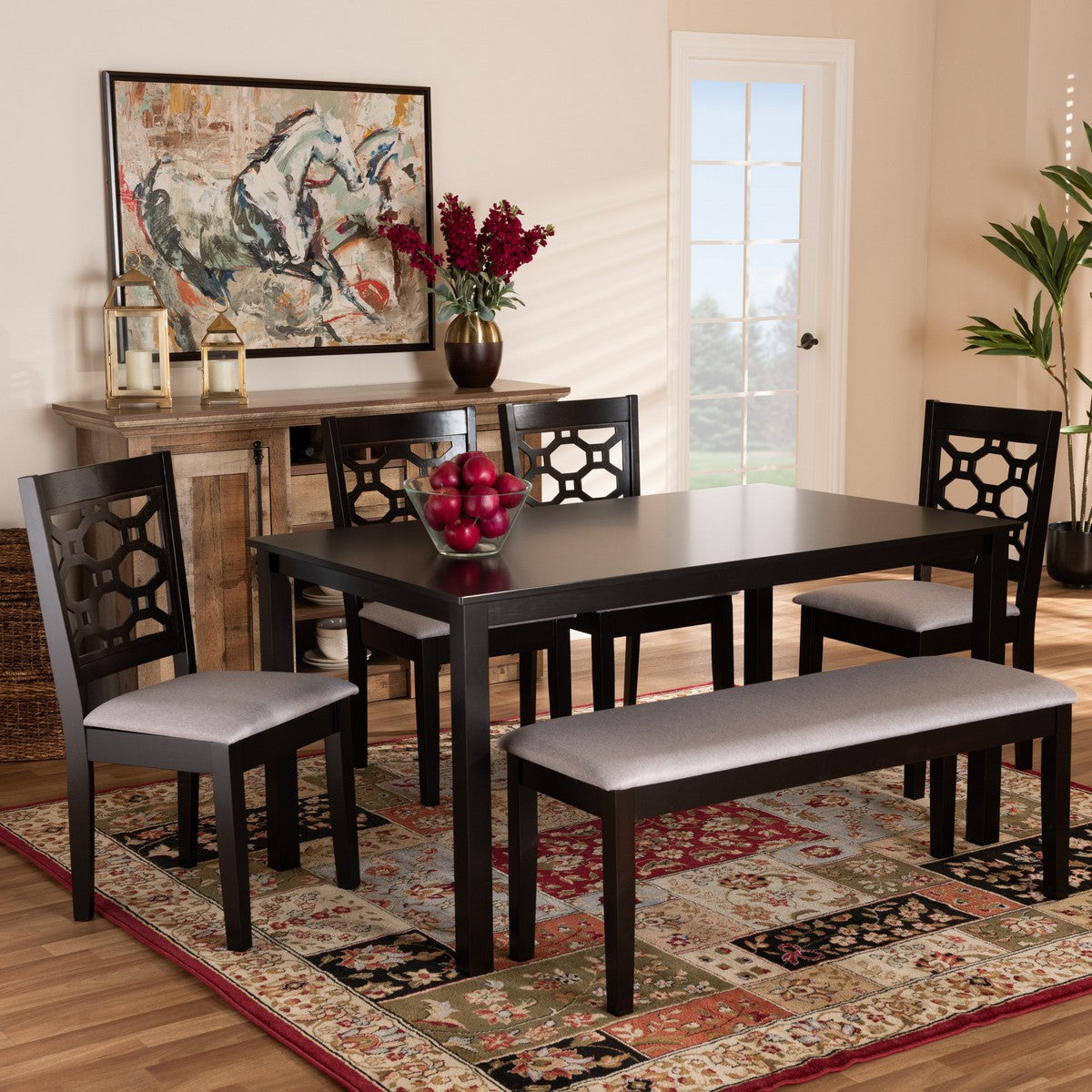 Baxton Studio Gabriel Modern and Contemporary Grey Fabric Upholstered and Dark Brown Finished Wood 6-Piece Dining Set