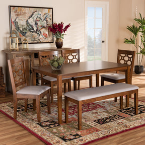 Baxton Studio Gabriel Modern and Contemporary Grey Fabric Upholstered and Walnut Brown Finished Wood 6-Piece Dining Set