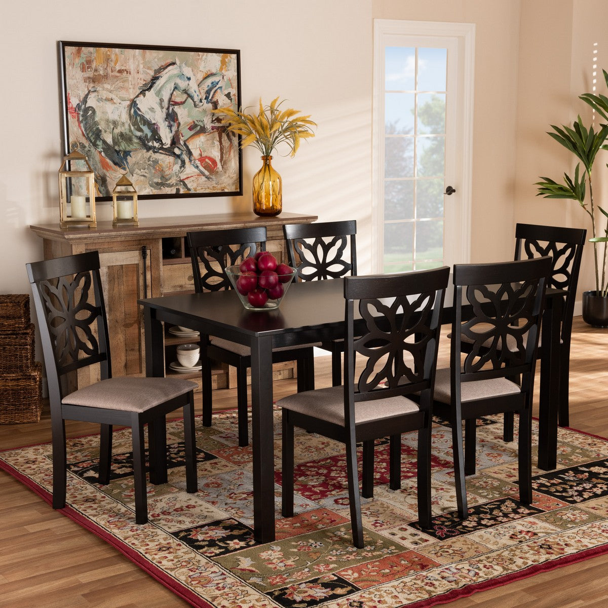 Baxton Studio Dallas Modern and Contemporary Sand Fabric Upholstered and Dark Brown Finished Wood 7-Piece Dining Set