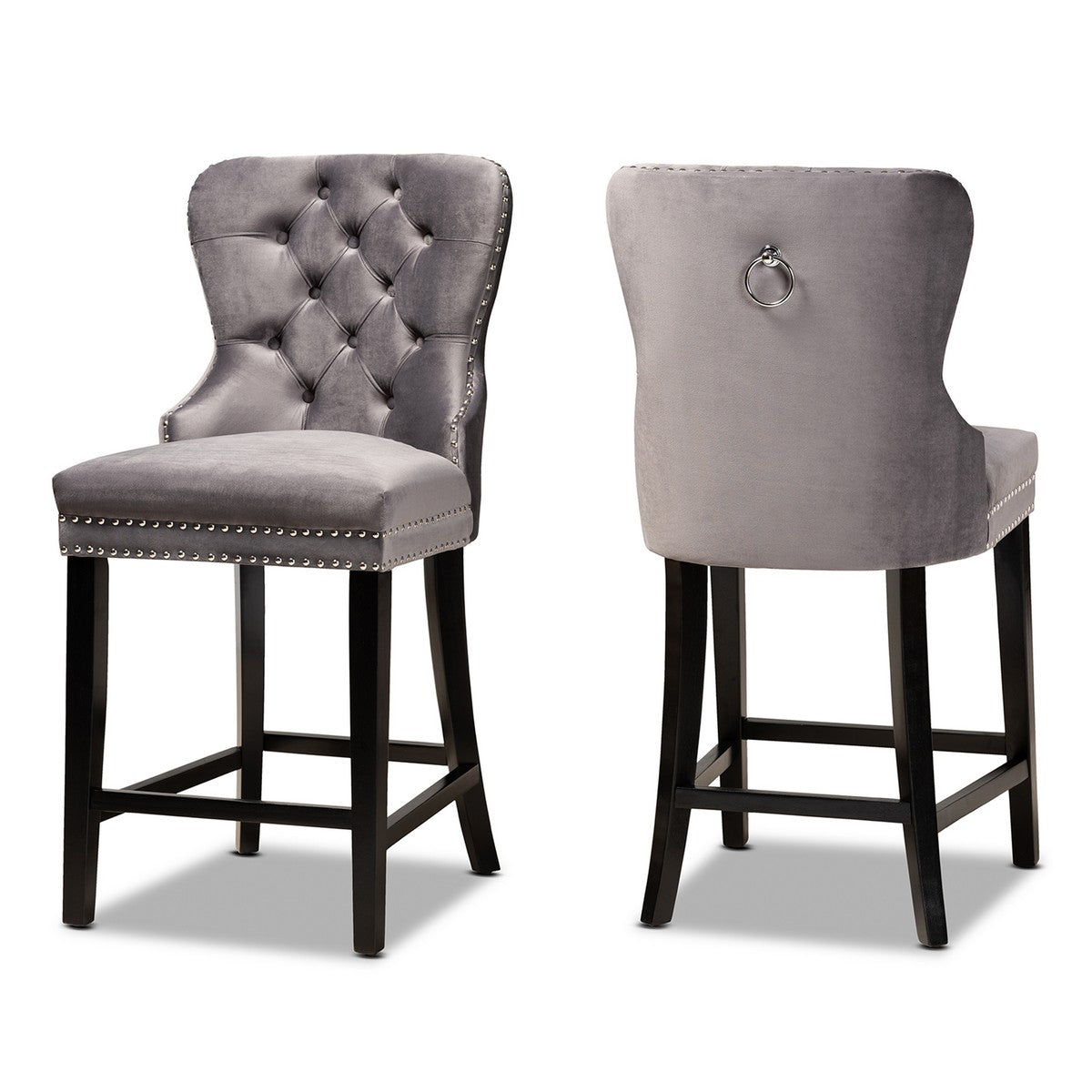 Baxton Studio Howell Modern Transitional Grey Velvet Upholstered and Dark Brown Finished Wood 2-Piece Counter Stool Set  Baxton Studio-Counter Stools-Minimal And Modern - 1