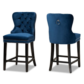 Baxton Studio Howell Modern Transitional Navy Blue Velvet Upholstered and Dark Brown Finished Wood 2-Piece Counter Stool Set  Baxton Studio-Counter Stools-Minimal And Modern - 1