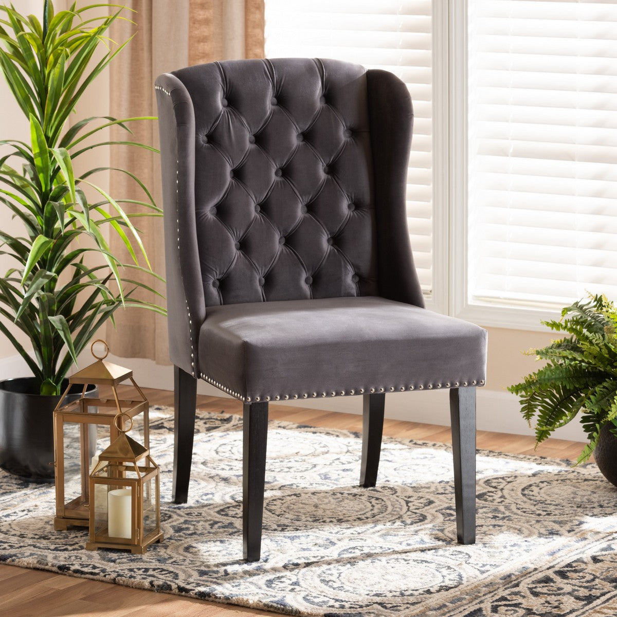 Baxton Studio Lamont Modern Contemporary Transitional Grey Velvet Fabric Upholstered and Dark Brown Finished Wood Wingback Dining Chair
