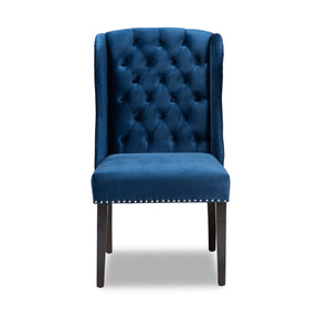 Baxton Studio Lamont Modern Contemporary Transitional Navy Blue Velvet Fabric Upholstered and Dark Brown Finished Wood Wingback Dining Chair