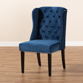 Baxton Studio Lamont Modern Contemporary Transitional Navy Blue Velvet Fabric Upholstered and Dark Brown Finished Wood Wingback Dining Chair