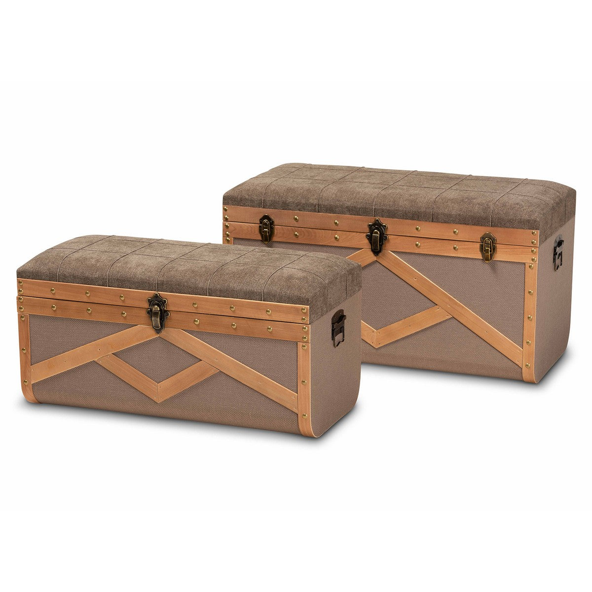 Baxton Studio Kala Modern and Contemporary Transitional Brown Fabric Upholstered and Walnut Finished Wood 2-Piece Storage Ottoman Trunk Set Baxton Studio-Multipurpose Shelving and Cabinets-Minimal And Modern - 1