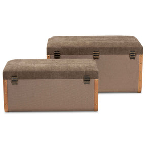 Baxton Studio Kala Modern and Contemporary Transitional Brown Fabric Upholstered and Walnut Finished Wood 2-Piece Storage Ottoman Trunk Set