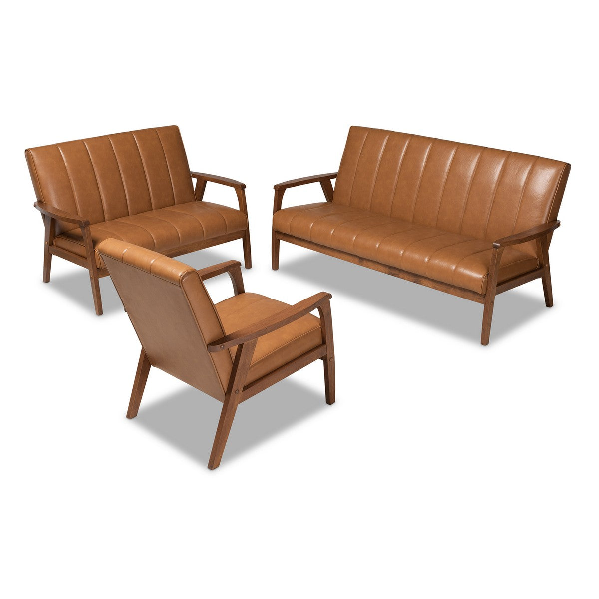 Baxton Studio Nikko Mid-century Modern Tan Faux Leather Upholstered and Walnut Brown finished Wood 3-Piece Living Room Set Baxton Studio-Living Room Sets-Minimal And Modern - 1