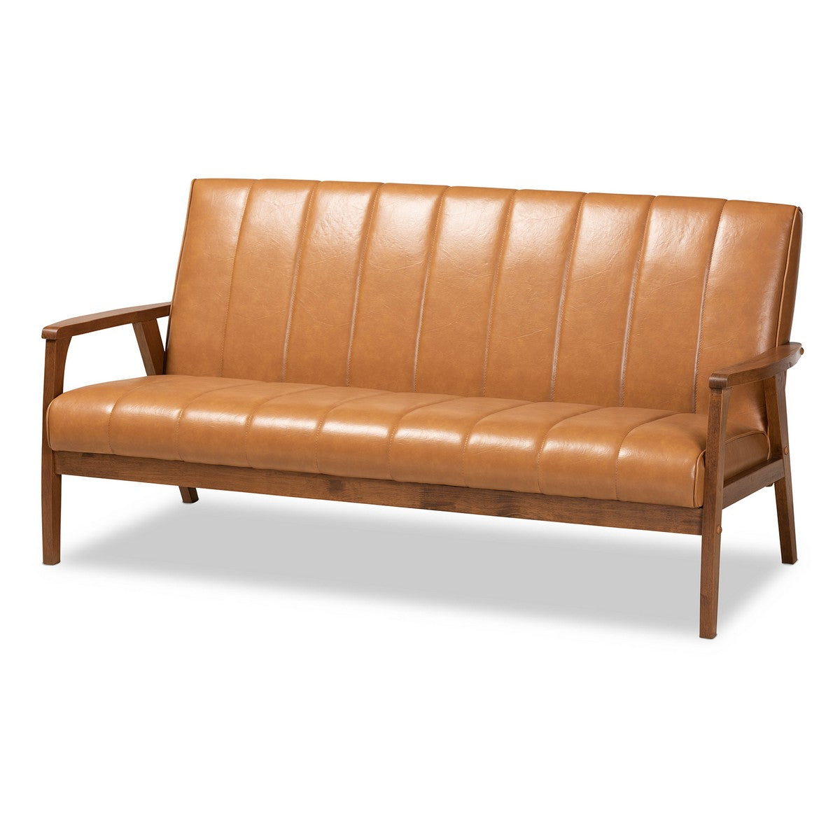 Baxton Studio Nikko Mid-century Modern Tan Faux Leather Upholstered and Walnut Brown finished Wood Sofa Baxton Studio-sofas-Minimal And Modern - 1