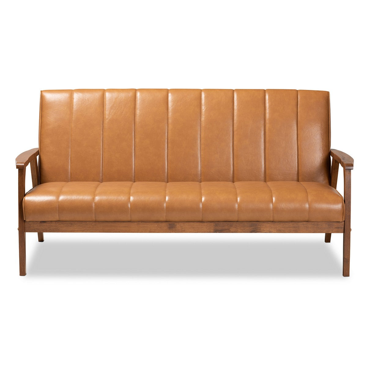 Baxton Studio Nikko Mid-century Modern Tan Faux Leather Upholstered and Walnut Brown finished Wood Sofa