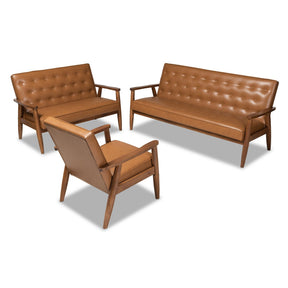 Baxton Studio Sorrento Mid-Century Modern Tan Faux Leather Upholstered and Walnut Brown Finished Wood 3-Piece Living Room Set Baxton Studio-Living Room Sets-Minimal And Modern - 1