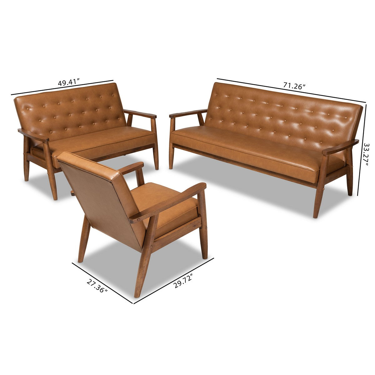 Baxton Studio Sorrento Mid-Century Modern Tan Faux Leather Upholstered and Walnut Brown Finished Wood 3-Piece Living Room Set