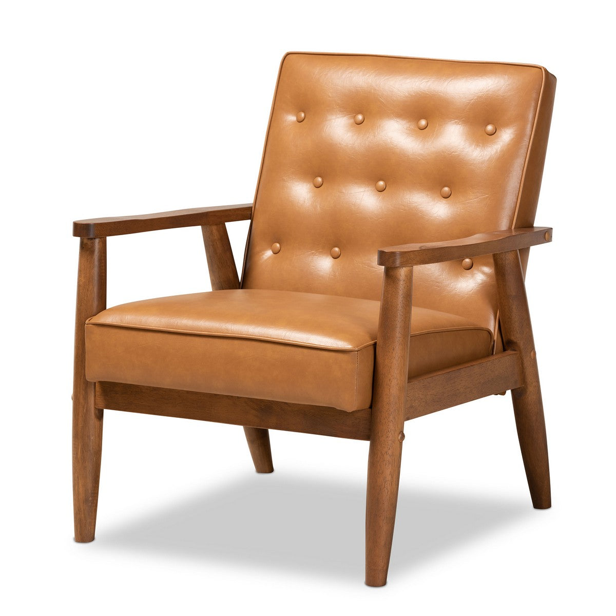 Baxton Studio Sorrento Mid-Century Modern Tan Faux Leather Upholstered and Walnut Brown Finished Wood Lounge Chair Baxton Studio-chairs-Minimal And Modern - 1