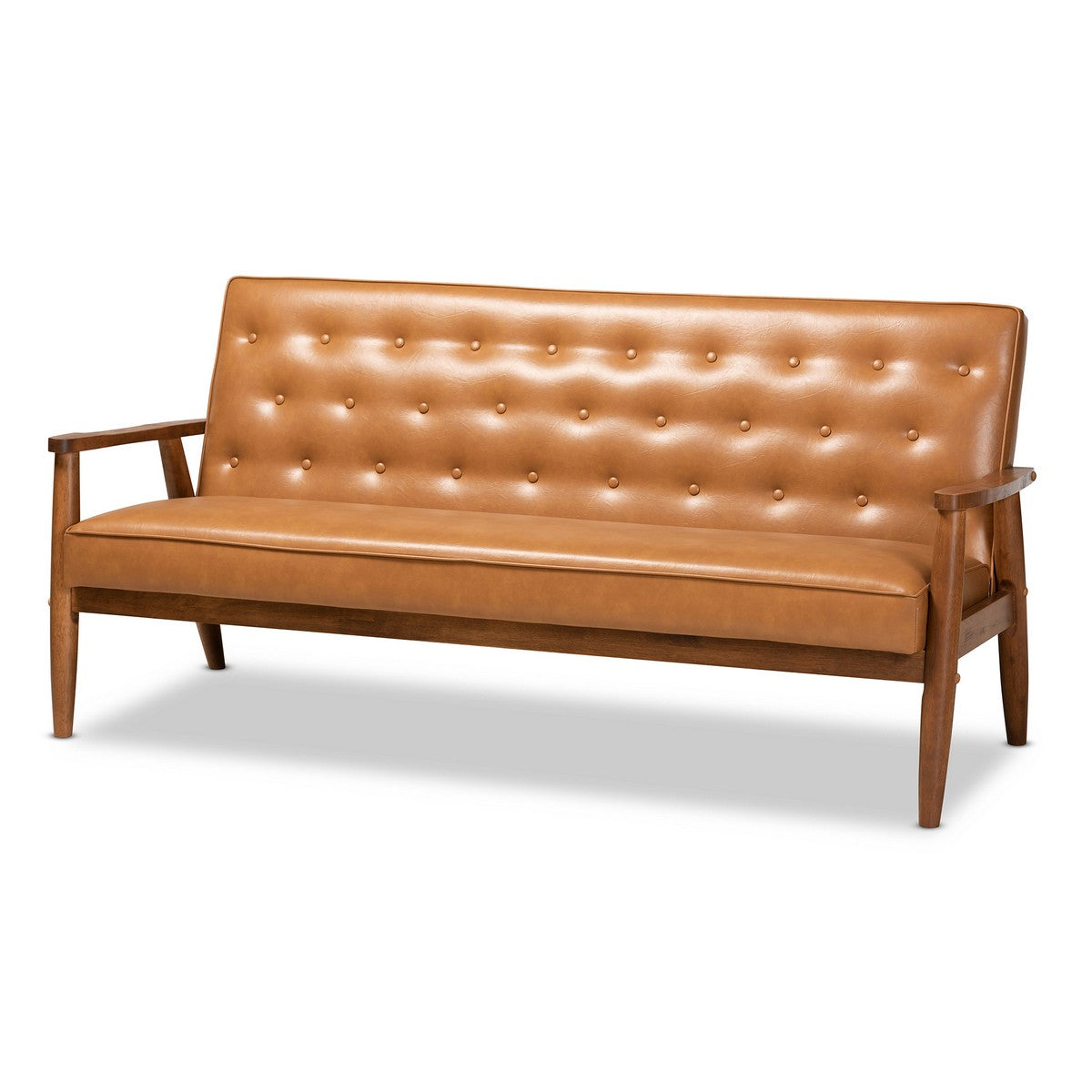 Baxton Studio Sorrento Mid-Century Modern Tan Faux Leather Upholstered and Walnut Brown Finished Wood Sofa Baxton Studio-sofas-Minimal And Modern - 1