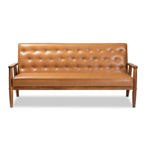 Baxton Studio Sorrento Mid-Century Modern Tan Faux Leather Upholstered and Walnut Brown Finished Wood Sofa