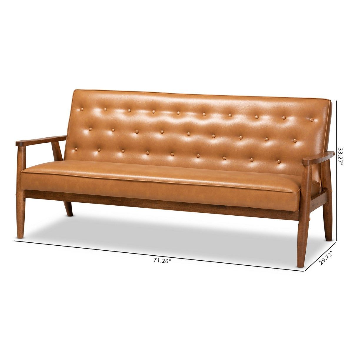 Baxton Studio Sorrento Mid-Century Modern Tan Faux Leather Upholstered and Walnut Brown Finished Wood Sofa