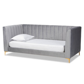 Baxton Studio Oksana Modern Contemporary Glam and Luxe Light Grey Velvet Fabric Upholstered and Gold Finished Twin Size Daybed Baxton Studio-daybed-Minimal And Modern - 1