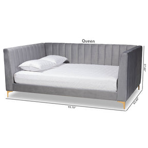 Baxton Studio Oksana Modern Contemporary Glam and Luxe Light Grey Velvet Fabric Upholstered and Gold Finished Queen Size Daybed