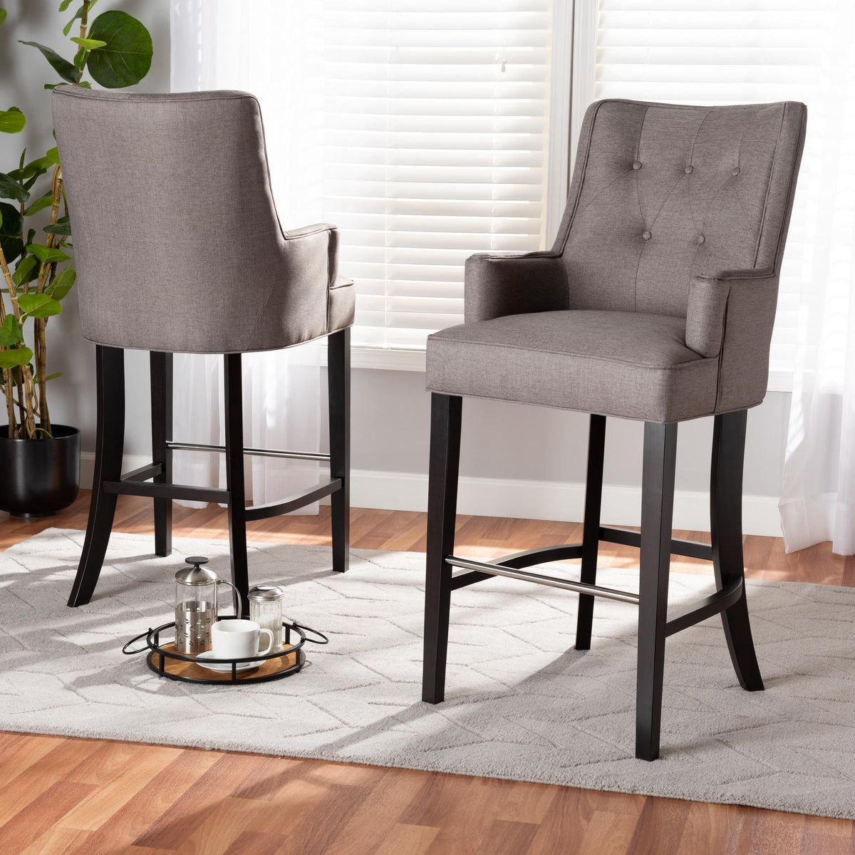 Baxton Studio Aldon Modern And Contemporary Grey Fabric Upholstered And Dark Brown Finished Wood 2-Piece Bar Stool Set - BBT5407B-Grey/Wenge-BS