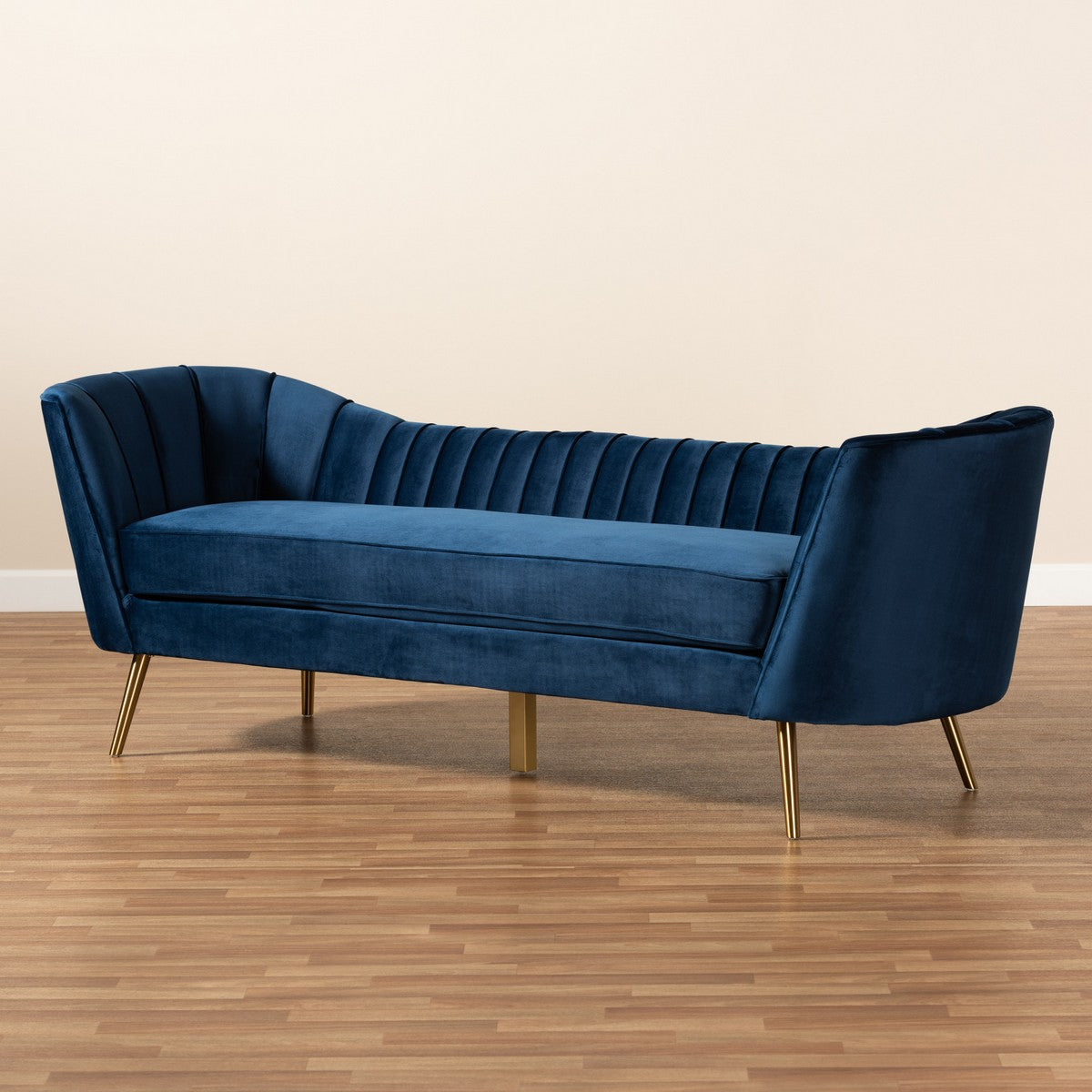 Baxton Studio Kailyn Glam and Luxe Navy Blue Velvet Fabric Upholstered and Gold Finished Sofa