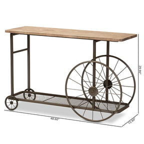 Baxton Studio Terence Vintage Rustic Industrial Natural Finished Wood and Black Finished Metal Wheeled Console Table