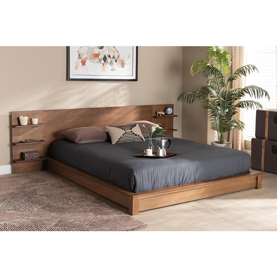 Baxton Studio Elina Modern And Contemporary Walnut Brown Finished Wood King Size Platform Storage Bed With Shelves - MG-0051-Ash Walnut-King