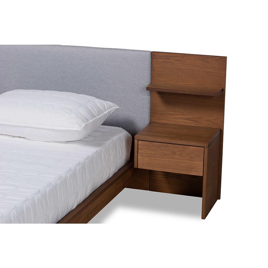 Baxton Studio Sami Modern And Contemporary Light Grey Fabric Upholstered And Walnut Brown Finished Wood Queen Size Platform Storage Bed With Built-In Nightstands - MG-0052-Light Grey/Ash Walnut-Queen