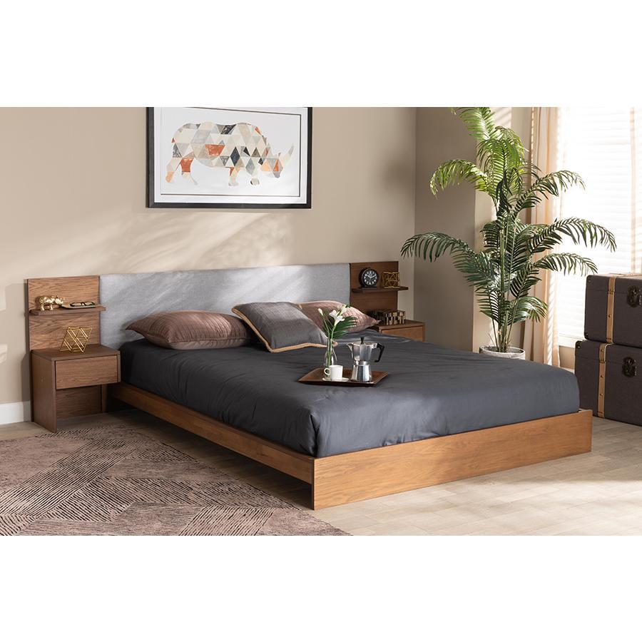Baxton Studio Sami Modern And Contemporary Light Grey Fabric Upholstered And Walnut Brown Finished Wood Queen Size Platform Storage Bed With Built-In Nightstands - MG-0052-Light Grey/Ash Walnut-Queen