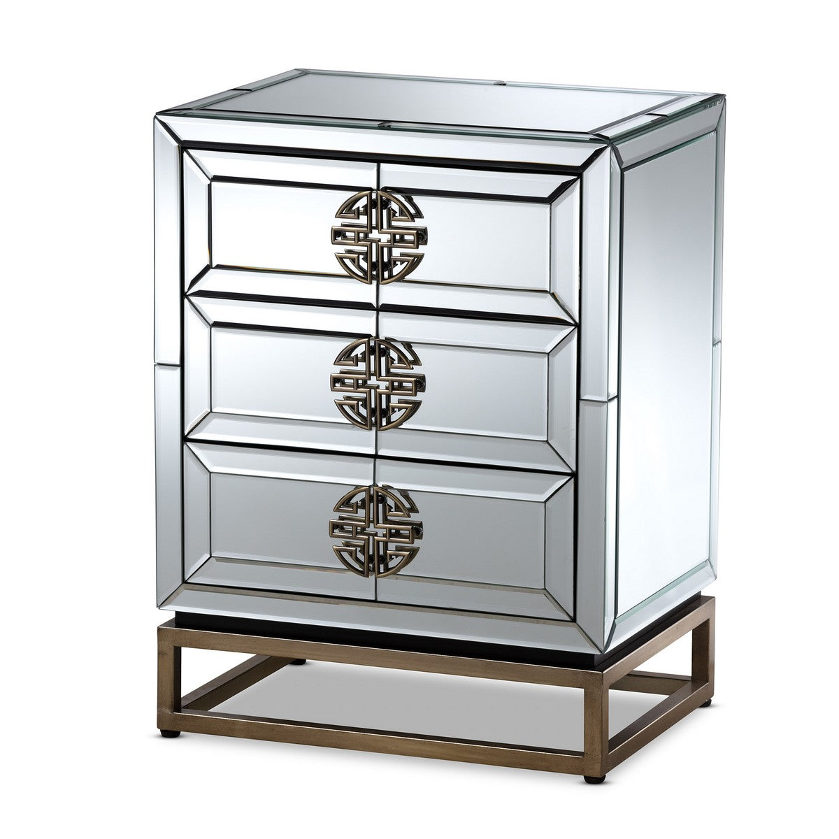 Baxton Studio Laken Contemporary Glam and Luxe Mirrored and Antique Bronze Finished 3-Drawer Nightstand Baxton Studio-nightstands-Minimal And Modern - 1