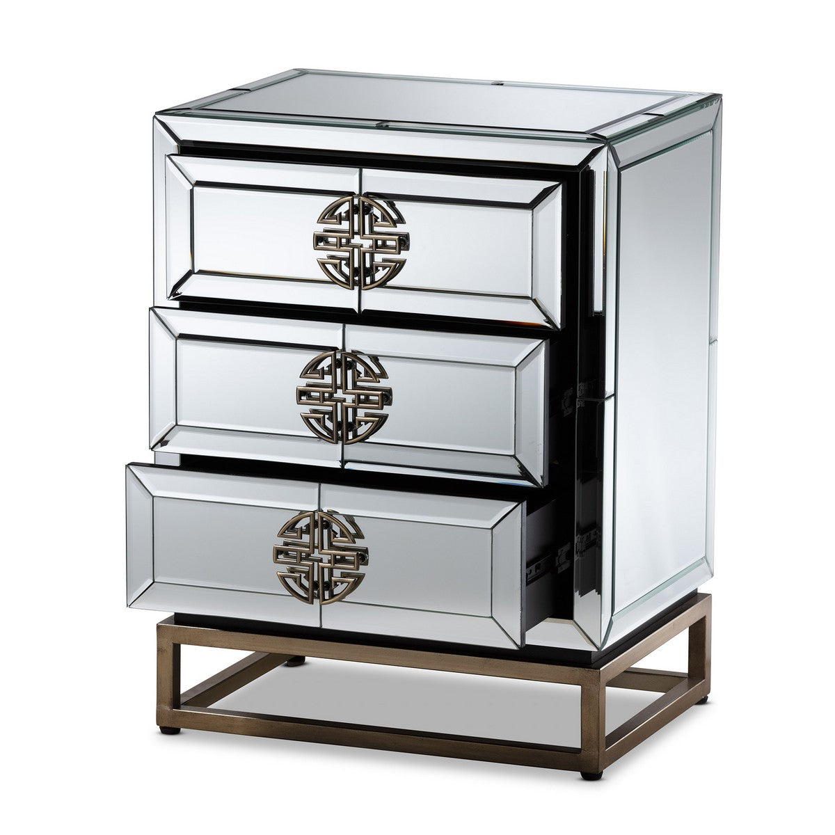 Baxton Studio Laken Contemporary Glam and Luxe Mirrored and Antique Bronze Finished 3-Drawer Nightstand