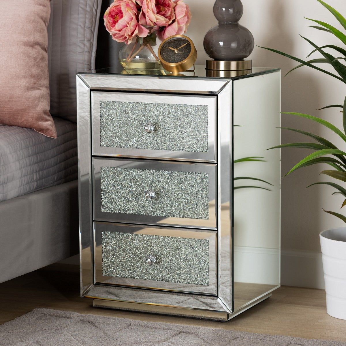 Baxton Studio Talan Contemporary Glam and Luxe Mirrored 3-Drawer Nightstand
