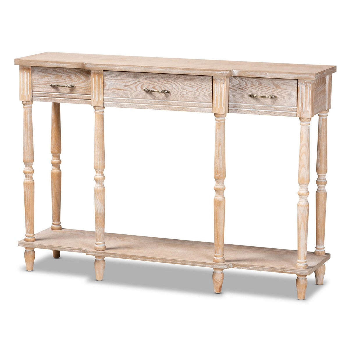 Baxton Studio Hallan Classic and Traditional French Provincial Rustic Whitewashed Oak Brown Finished Wood 3-Drawer Console Table Baxton Studio-side tables-Minimal And Modern - 1