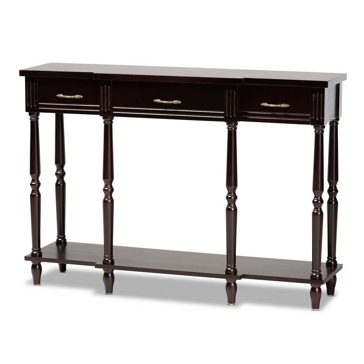 Baxton Studio Hallan Classic and Traditional French Provincial Dark Brown Finished Wood 3-Drawer Console Table Baxton Studio-side tables-Minimal And Modern - 1