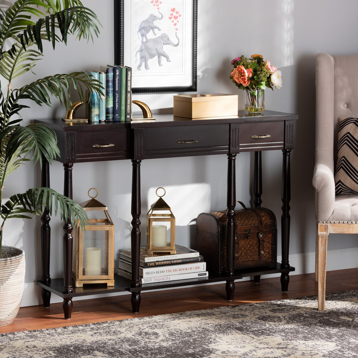 Baxton Studio Hallan Classic and Traditional French Provincial Dark Brown Finished Wood 3-Drawer Console Table