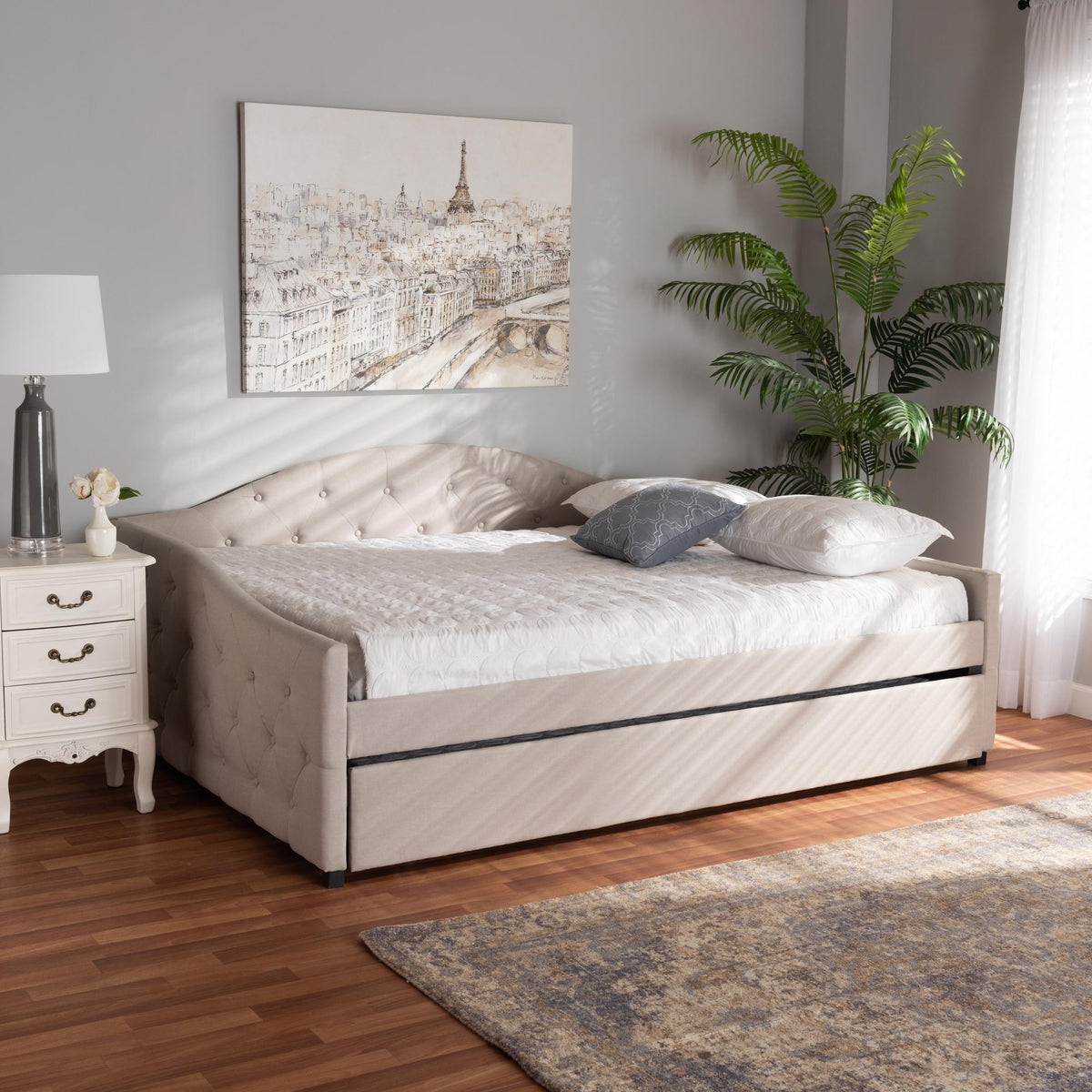 Baxton Studio Becker Modern And Contemporary Transitional Beige Fabric Upholstered Queen Size Daybed With Trundle - Becker-Beige-Daybed-Q/T