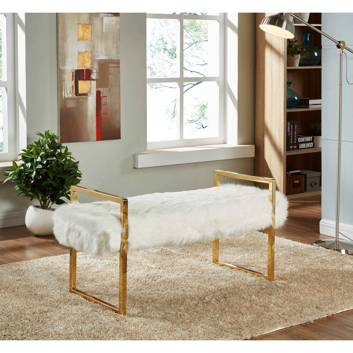 Meridian Furniture Chloe White Fur Bench-Minimal & Modern