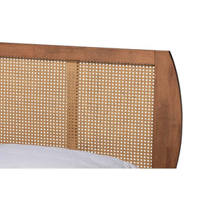 Baxton Studio Asami Mid-Century Modern Walnut Brown Finished Wood And Synthetic Rattan Full Size Platform Bed - Asami-Ash Walnut Rattan-Full