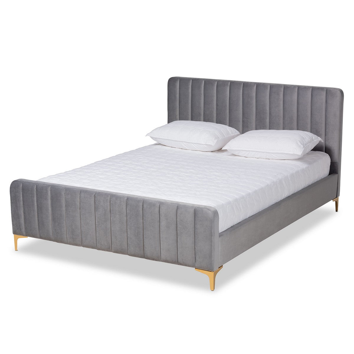Baxton Studio Nami Modern Contemporary Glam and Luxe Light Grey Velvet Fabric Upholstered and Gold Finished Queen Size Platform Bed Baxton Studio-beds-Minimal And Modern - 1