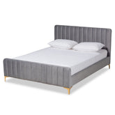Baxton Studio Nami Modern Contemporary Glam and Luxe Light Grey Velvet Fabric Upholstered and Gold Finished King Size Platform Bed Baxton Studio-beds-Minimal And Modern - 1
